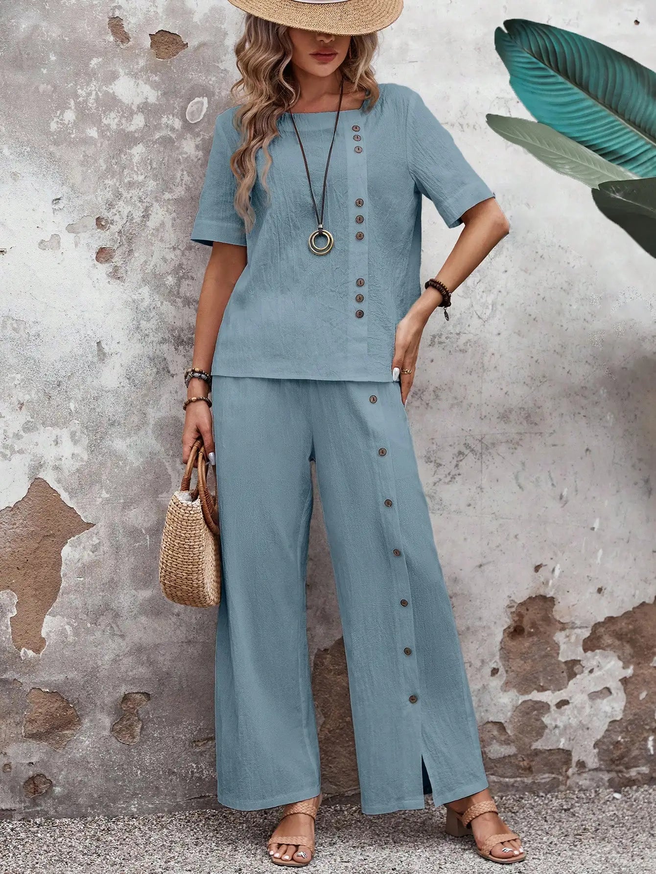 Conjunto Feminino de Linho com Blusa e Calça Pantalona