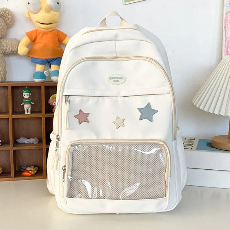 Mochila Transparente Estilo Japonês com Estrelas Para Estudantes e Uso Casual Feminino