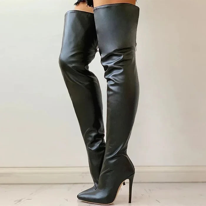 Bota Longa Feminina Á Cima Do Joelho Salto Alto Bico Fino Tendência