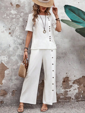 Conjunto Feminino de Linho com Blusa e Calça Pantalona