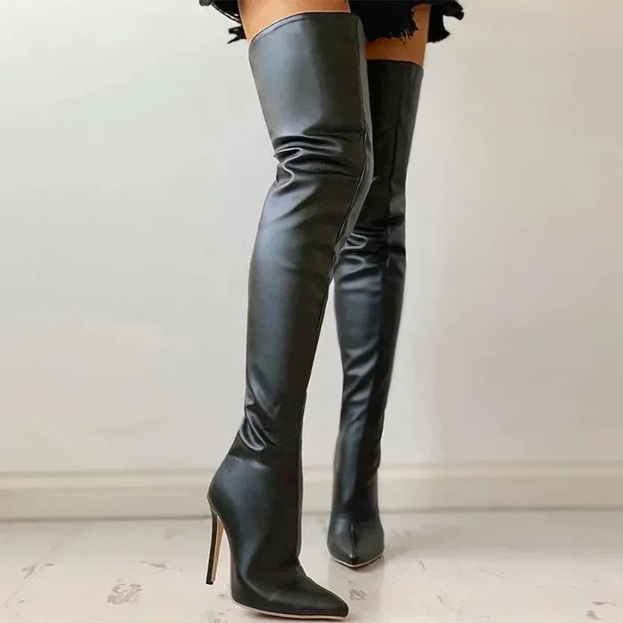 Bota Longa Feminina Á Cima Do Joelho Salto Alto Bico Fino Tendência