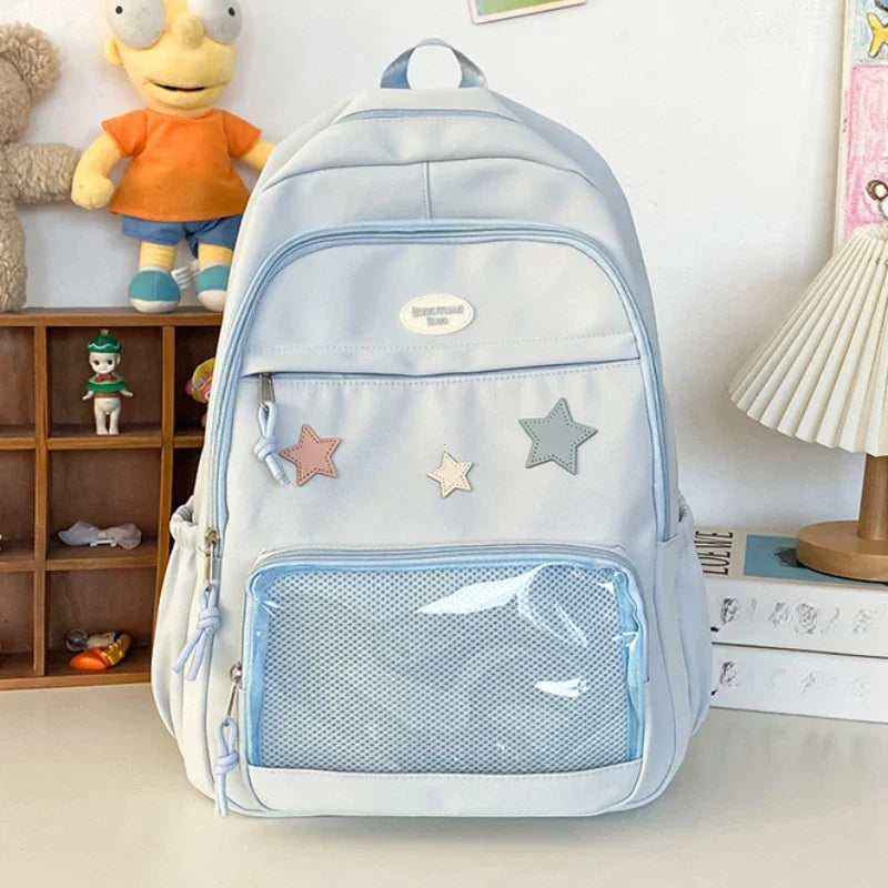 Mochila Transparente Estilo Japonês com Estrelas Para Estudantes e Uso Casual Feminino