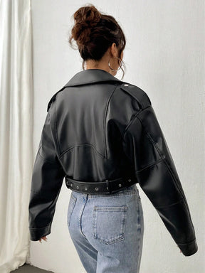 Jaqueta Feminina em Couro Cropped com Cinto - Samandi