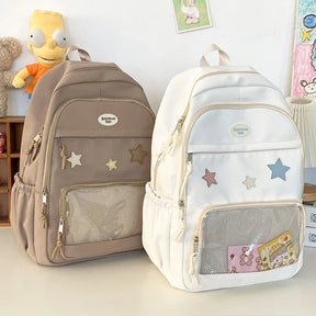 Mochila Transparente Estilo Japonês com Estrelas Para Estudantes e Uso Casual Feminino