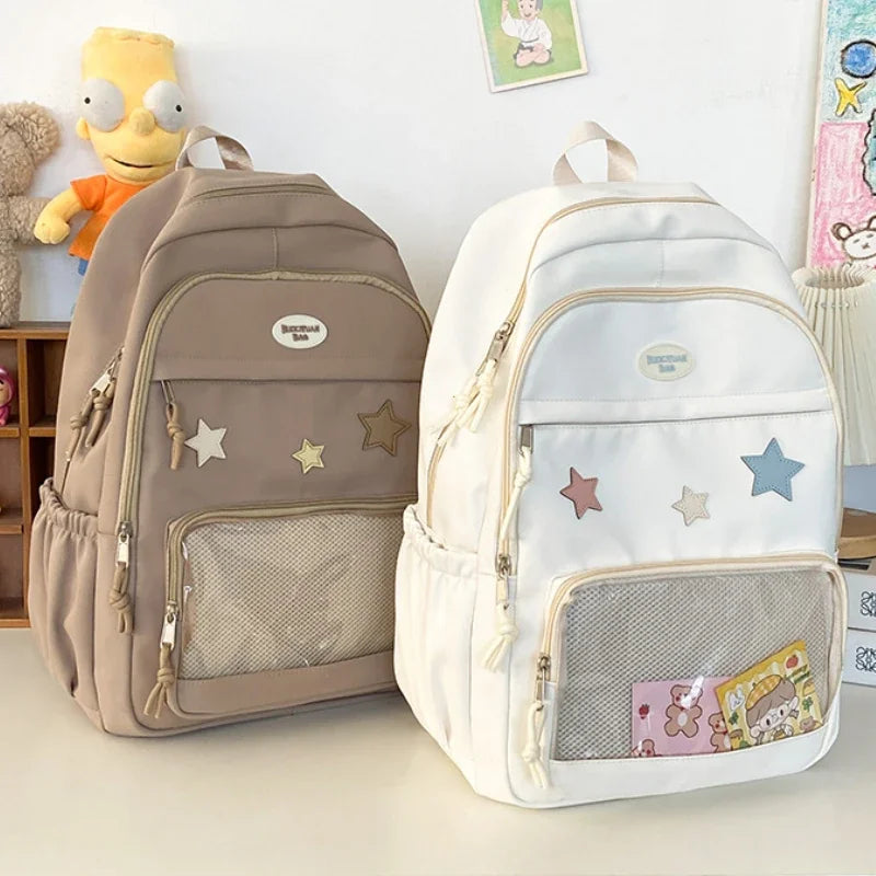 Mochila Transparente Estilo Japonês com Estrelas Para Estudantes e Uso Casual Feminino