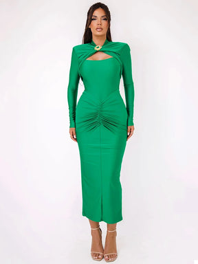 Vestido Midi Justo com Drapeado e Manga Longa Feminino
