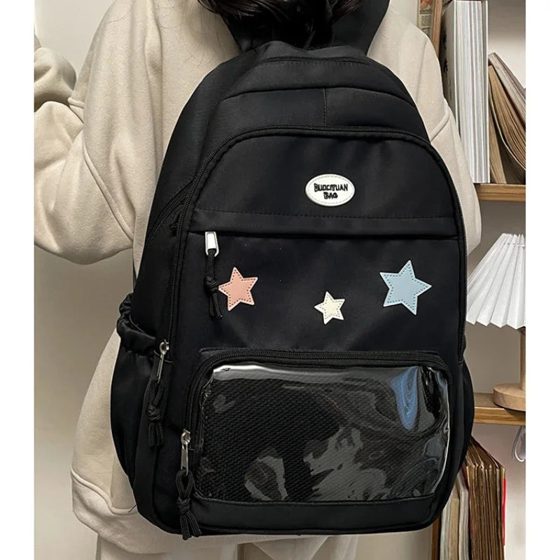 Mochila Transparente Estilo Japonês com Estrelas Para Estudantes e Uso Casual Feminino