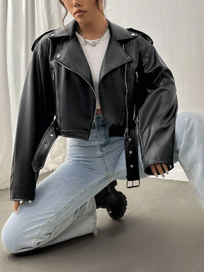 Jaqueta Feminina em Couro Cropped com Cinto - Samandi
