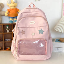 Mochila Transparente Estilo Japonês com Estrelas Para Estudantes e Uso Casual Feminino